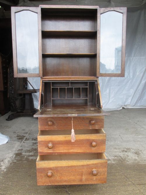 SLIM EDWARDIAN OAK 2 PART BUREAU BOOKCASE 3 BUN HANDLES DRAWERS STATIONARY FITTED INNER WITH KEY - ADDITIONAL PHOTO 11