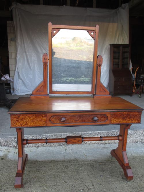 Late 19th Century Arts and Crafts Unusual Burr Pitch Pine Dressing Table, Swing Mirror, Drawer, Castors