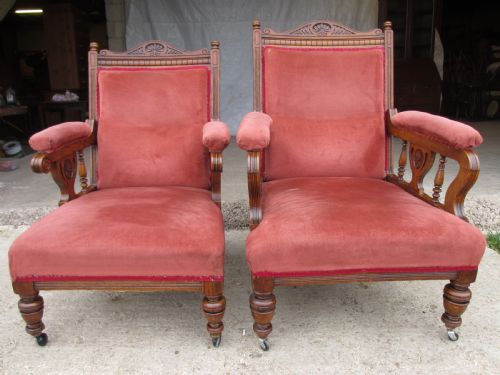 Pair Lady's and Gent's Victorian Oak Upholstered Parlour Armchairs