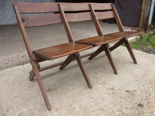 Unusual Sturdy Oak 3 Seater Folding Theatre Seats Bench or Settle C1910