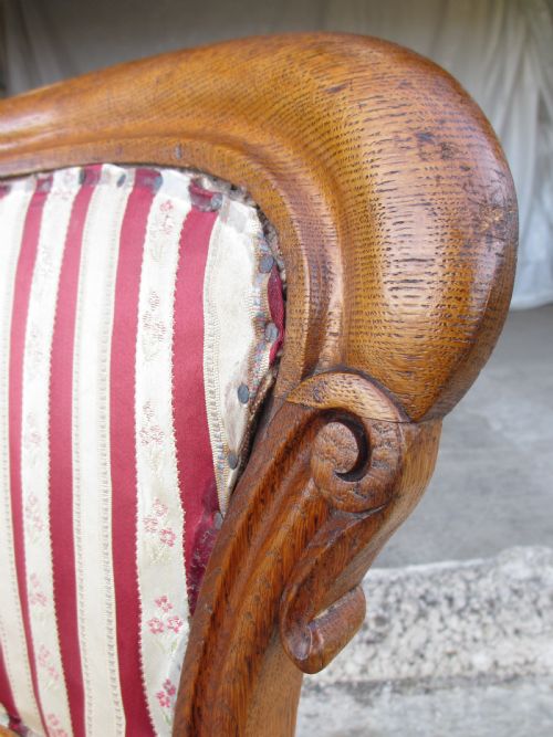 PAIR 19TH CENTURY OAK UPHOLSTERED SHAPED BALLOON BACK SIDE DINING CHAIRS WITH SCROLL CARVING AND CABRIOLE LEGS - ADDITIONAL PHOTO 3