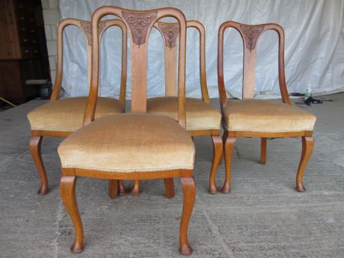 Set of 4 Art Nouveau Slat Back Shaped Dining Chairs Overstuffed Seats Carved Spla Tcabriole Legs