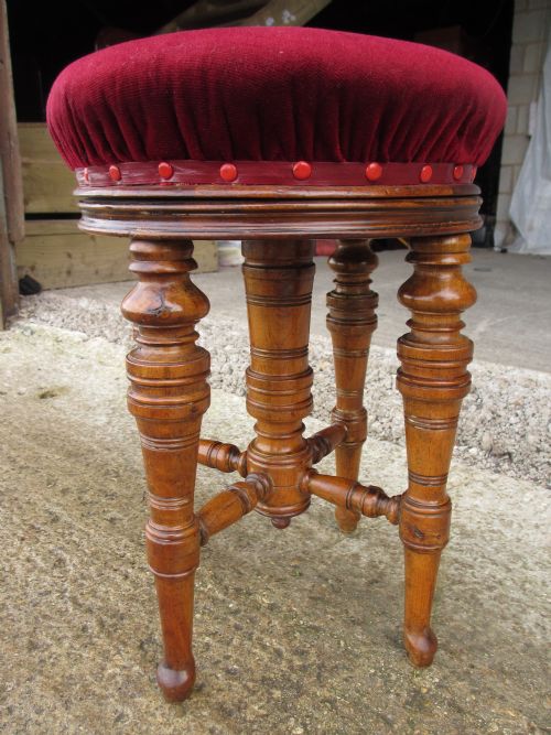 Victorian Walnut Piano Stool, Adjustable, Upholstered, Central Column