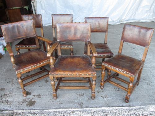 Set of 6 17th Century Style Oak and Leather Studded Dining Chairs 2 Carvers 4 Chairs C1890