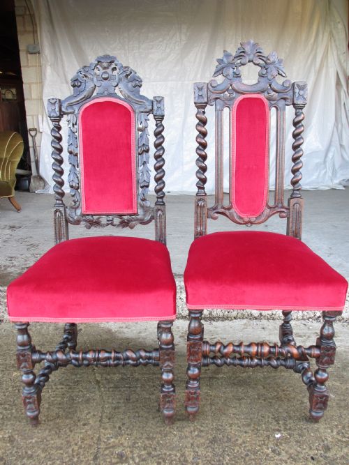 Pair Victorian Carved Oak Barley Twist Upholstered Side Chairs with Floral Leaf Carving