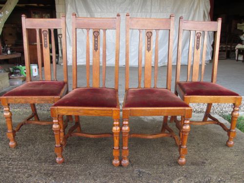 Set of 4 Quality Art Nouveau Golden Oak Dining Chairs High Slatback Wavey Stretcher