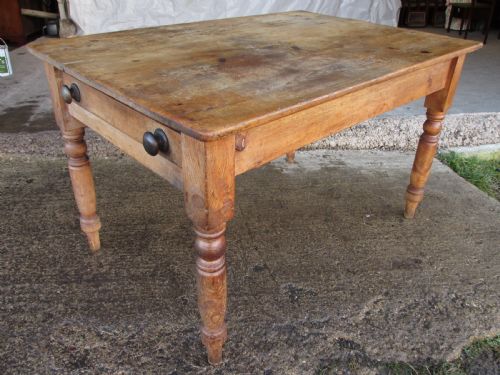 Victorian Pine Kitchen Table with Large Cutlery Drawer on Turned Legs