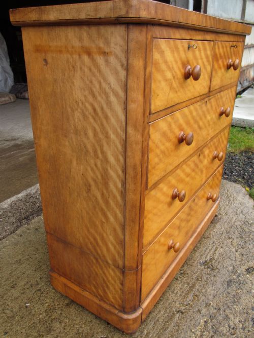 Victorian Satinwood Tall Chest of Drawers, 2 Over 3, with Key