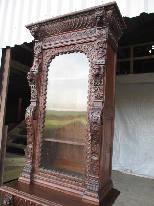 SUPERB VICTORIAN TALL 2 PART CARVED OAK GLAZED BOOKCASE WITH DRAWERS TO LOWER - ADDITIONAL PHOTO 1