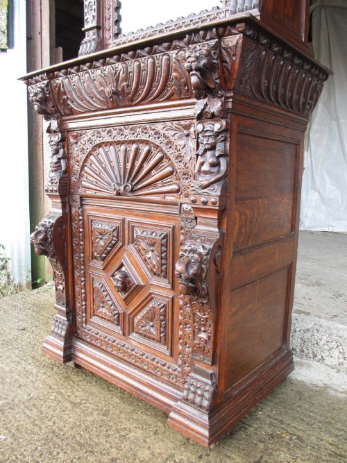 SUPERB VICTORIAN TALL 2 PART CARVED OAK GLAZED BOOKCASE WITH DRAWERS TO LOWER - ADDITIONAL PHOTO 2