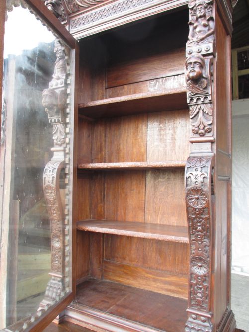 SUPERB VICTORIAN TALL 2 PART CARVED OAK GLAZED BOOKCASE WITH DRAWERS TO LOWER - ADDITIONAL PHOTO 8