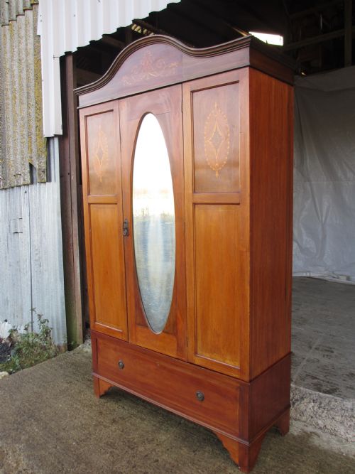 Edwardian Mahogany Oval Mirror Inlaid Single Door Wardrobe with Key