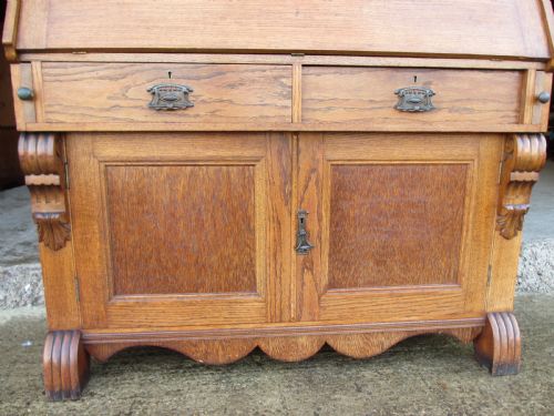 SUPERB EDWARDIAN GOLDEN OAK WIDE BUREAU BOOKCASE WITH FITTED INTERIOR - ADDITIONAL PHOTO 7