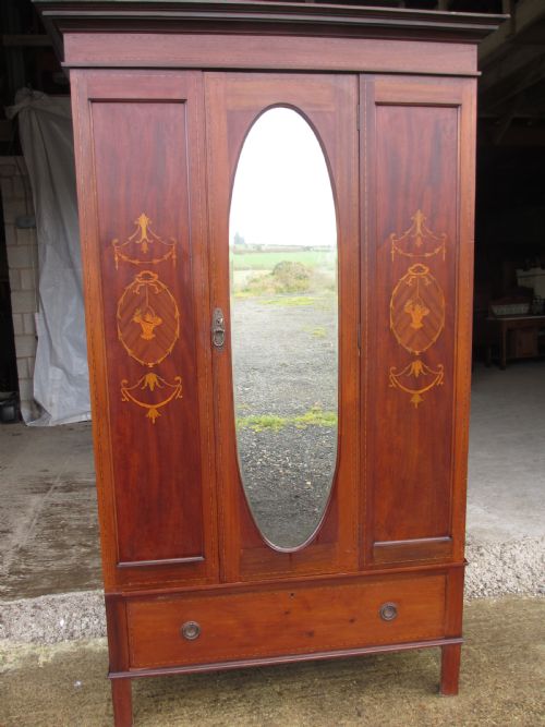 Edwardian Mahogany Single Inlaid Wardrobe Oval Mirror