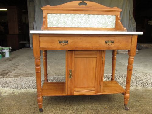 Edwardian Satin Wood Marble Topped Gallery Washstand with Drawer on Castors