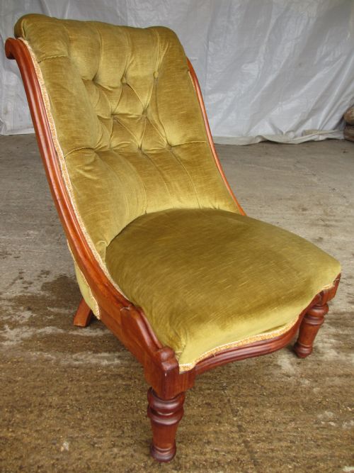 Victorian Mahogany Serpentine Nursing Chair Button Upholstered Scroll Back