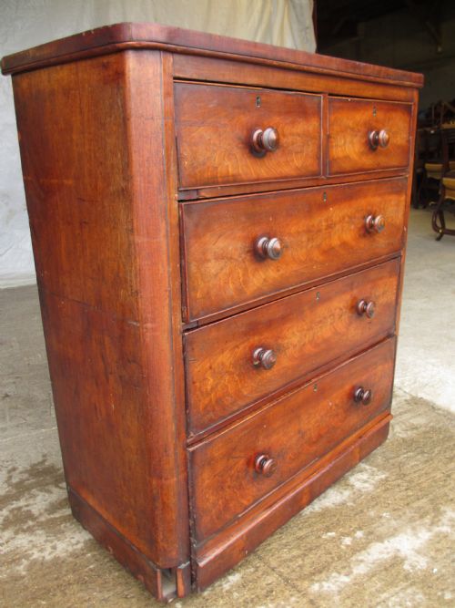 Victorian Flame Mahogany Chest of Drawers, Bun Handles, 2 Over 3