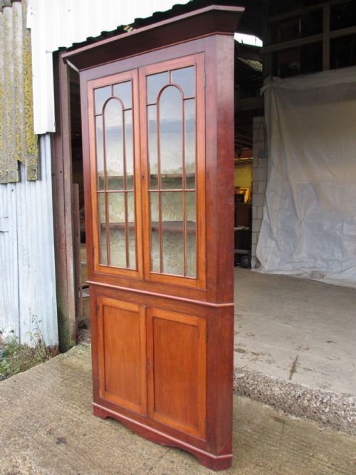 19th C Mahogany Glazed 2 Part Corner Cabinet with Shelves and Cupboard