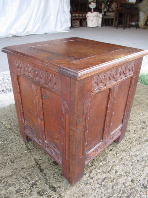 Victorian Carved Oak Small Coffer Log Bin with Panelled Sides
