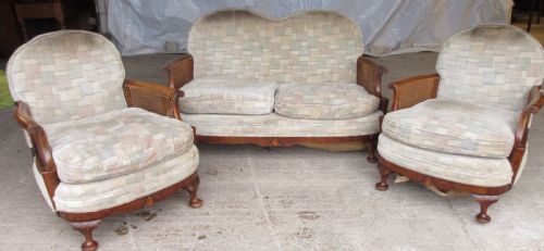 Walnut Art Deco Bergere 3 Piece Suite Sofa and 2 Armchairs
