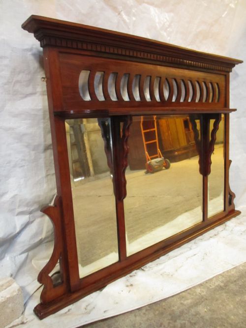 VICTORIAN FRETTED MAHOGANY TRIPTYCH OVERMANTLE MIRROR - ADDITIONAL PHOTO 1