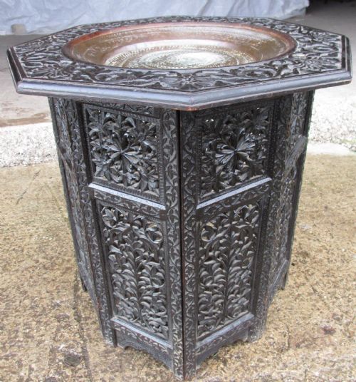 Anglo Indian Carved Fretted Teak Fold Up Octagonal Occasional Tray Table