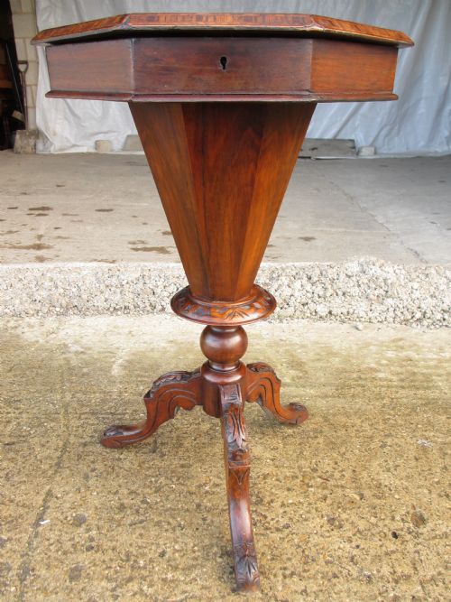 Victorian Walnut and Tunbridge Inlaid Trumpet Sewing Work Table