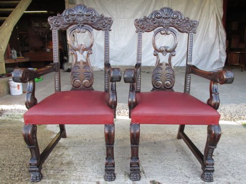 Victorian Mahogany Pair of Carved Carver Armchairs