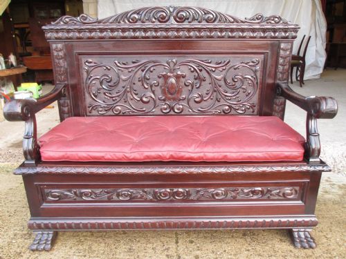 Superb Victorian Brazilian Mahogany Carved Box Settle