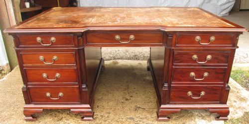 Large Mahogany Inverted Break Front 3 Piece Pedestal Partners Desk