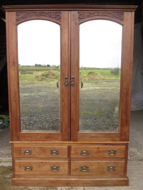 Victorian Stripped Carved Mahogany Twin Arched Bevel Mirrored Door Wardrobe