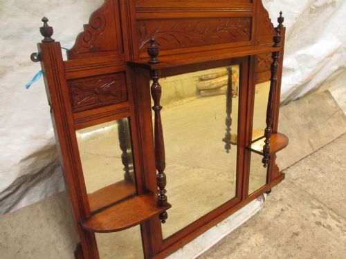 VICTORIAN CARVED MAHOGANY ARTS AND CRAFTS MIRRORED OVER MANTLE - ADDITIONAL PHOTO 3