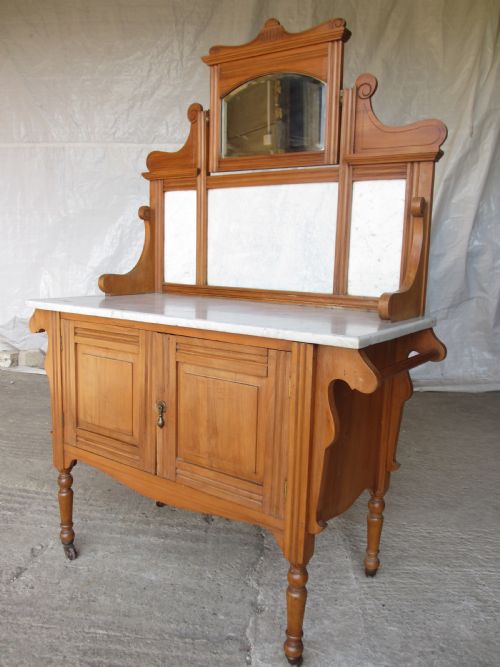 Victorian Satinwood Washstand with Mirrored and Marble Back
