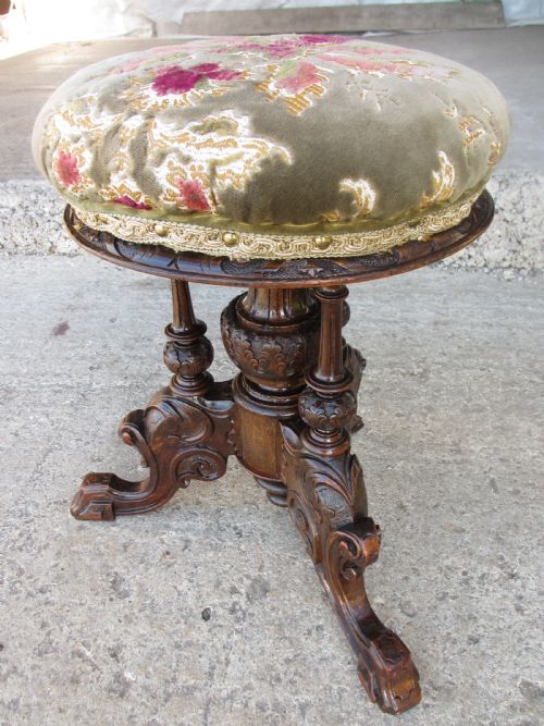 Victorian Mahogany Upholstered Adjustable Carved Piano Stool