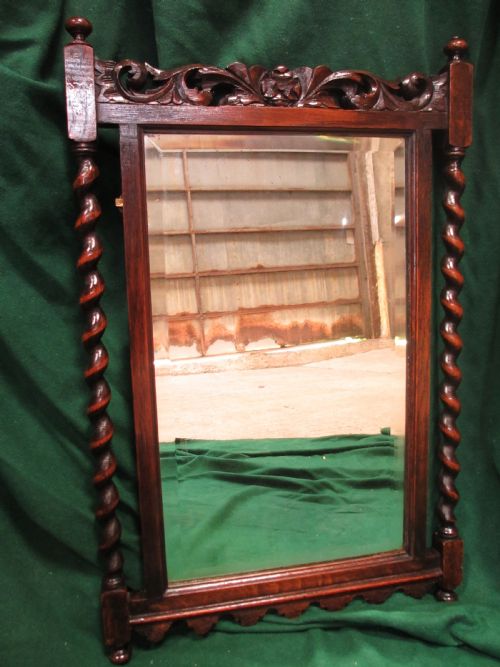 19th Century Oak Framed Barley Twist Bevel Glass Hanging Wall Mirror