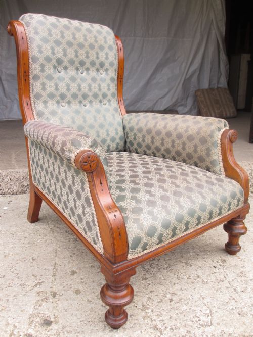 Victorian Oak Framed Gothic Style Fully Upholstered Easy Armchair