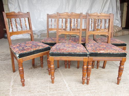 Set of 6 Victorian Golden Oak Arts and Crafts Dining Chairs