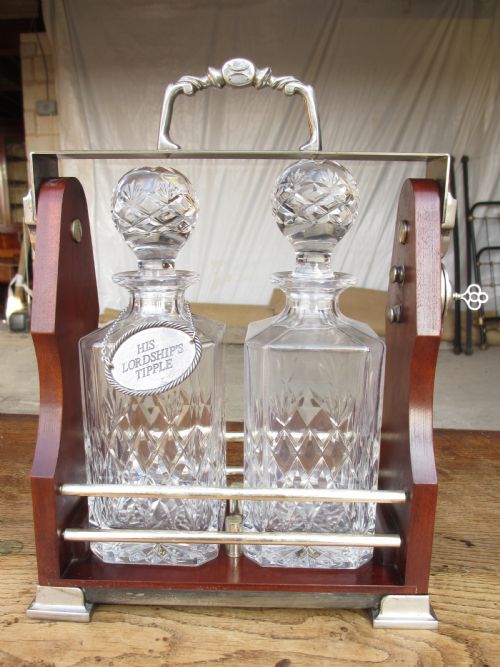 Edwardian 2 Bottled Tantalus in a Mahogany Frame