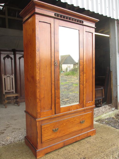 VICTORIAN PITCH PINE MIRROR DOOR 4 PIECE WARDROBE WITH DRAWER - ADDITIONAL PHOTO 2