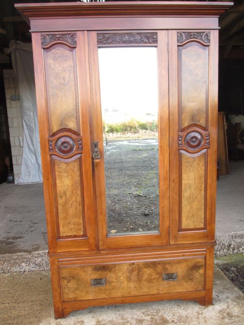 Victorian Art Nouveau Burr Walnut Mirror Door Wardrobe