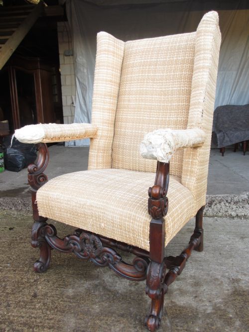 19TH CENTURY CARVED WALNUT HIGH WING BACK ARMCHAIR - ADDITIONAL PHOTO 2