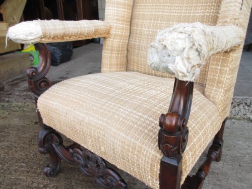 19TH CENTURY CARVED WALNUT HIGH WING BACK ARMCHAIR - ADDITIONAL PHOTO 4