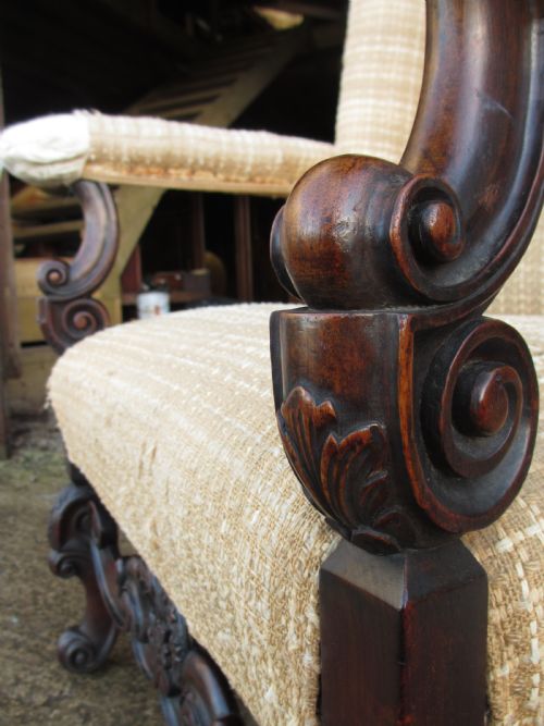 19TH CENTURY CARVED WALNUT HIGH WING BACK ARMCHAIR - ADDITIONAL PHOTO 9