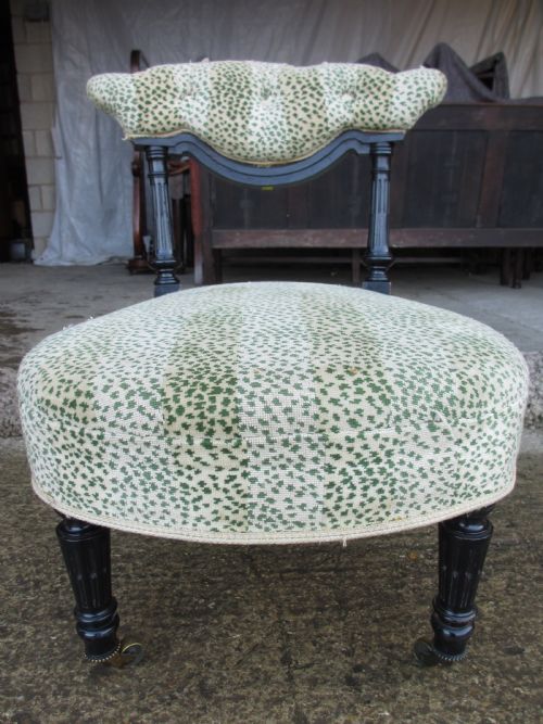 19th Century Ebonised and Upholstered Nursing Chair with Brass Castors