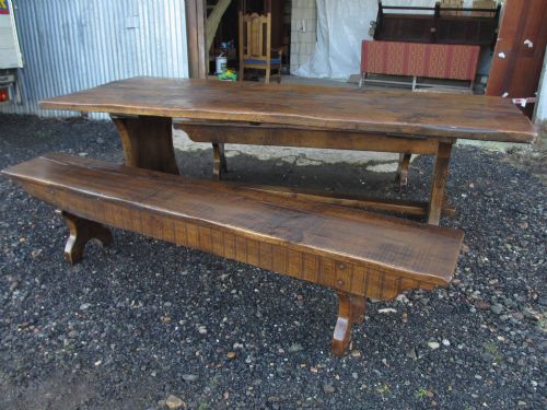 Edwardian Heavy Oak Refectory Table with Trestle Ends and Matching Bench Forms