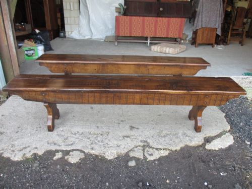 Edwardian Heavy Oak Benches with Shaped Trestle Ends