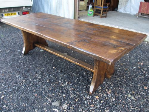 Edwardian Heavy Oak Refectory Table with Shaped Trestle Ends
