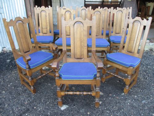 Set of 12 20th Century Oak High Back Dining Chairs