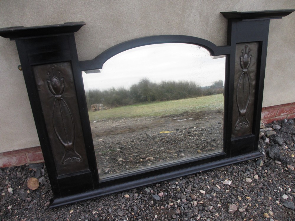 Late 19th Century Art Nouveau copper panelled bevel edge overmantle mirror 