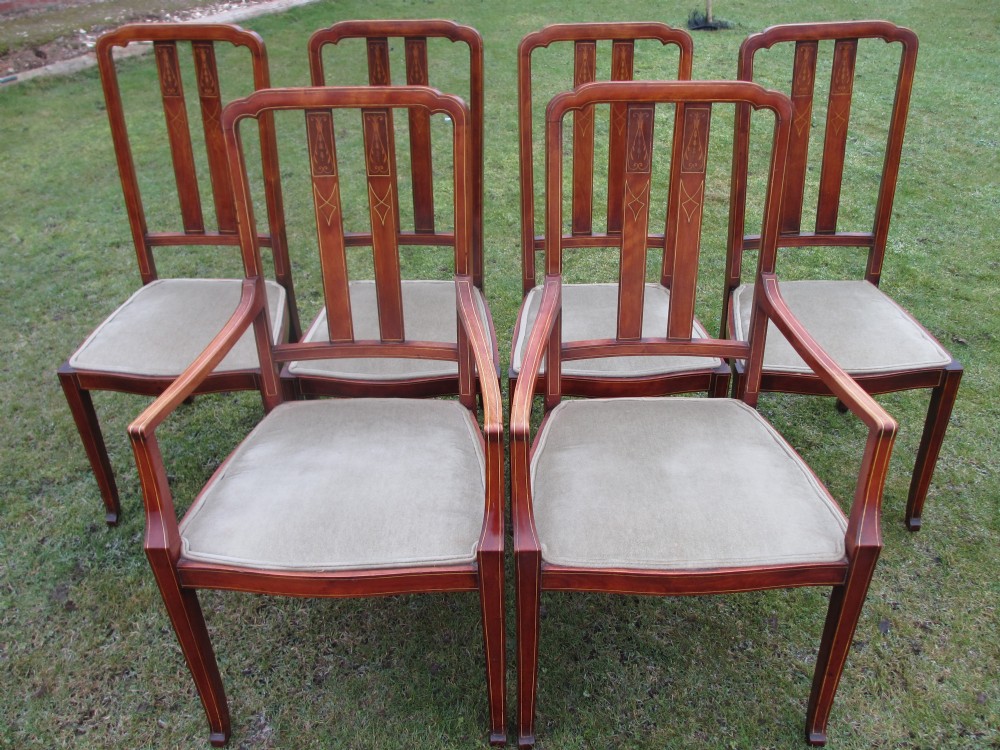 Set of 6 Edwardian Mahogany and inlaid slat back dining chairs, 4 chairs and 2 carvers
